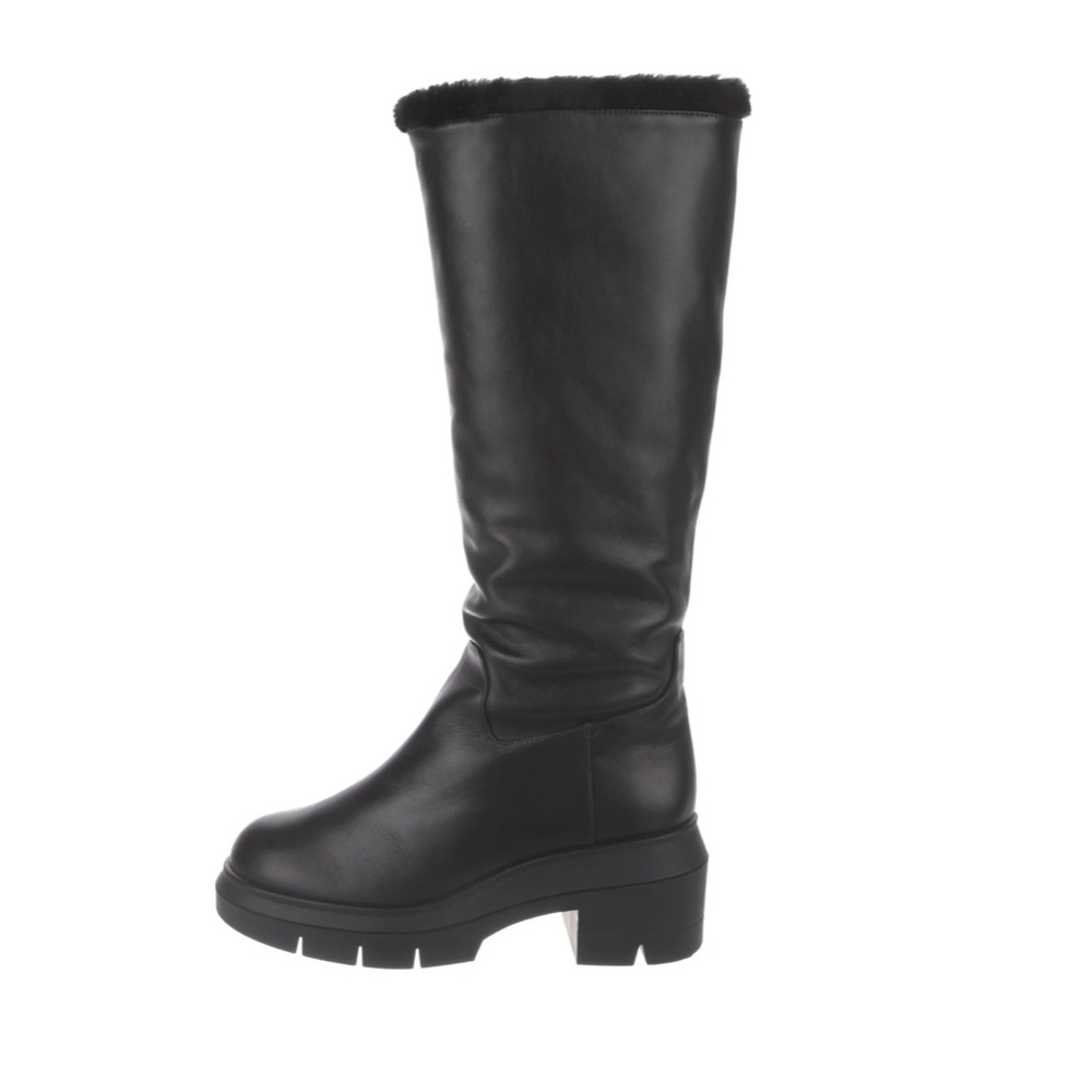 Stuart Weitzman Leather Mid-Calf Riding Boots Black Fur Trim